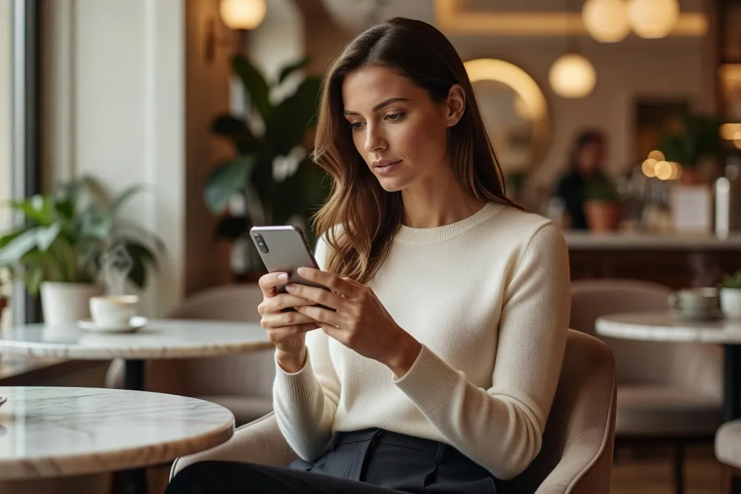 Femme dans un café consultant pensivement son smartphone
