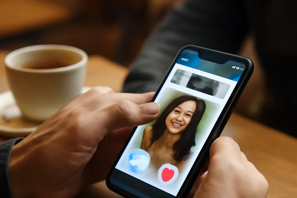 Mains utilisant un smartphone pour filtrer des profils sur une application de rencontre