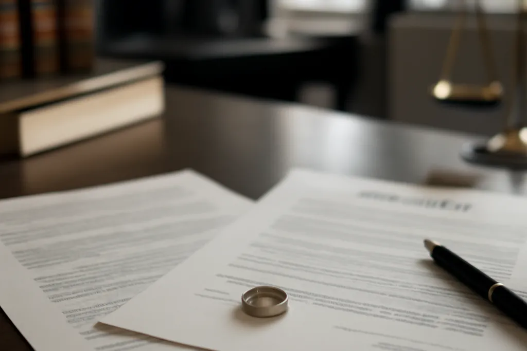 Documents officiels et actes d'état civil pour un mariage franco-russe sur un bureau d'avocat