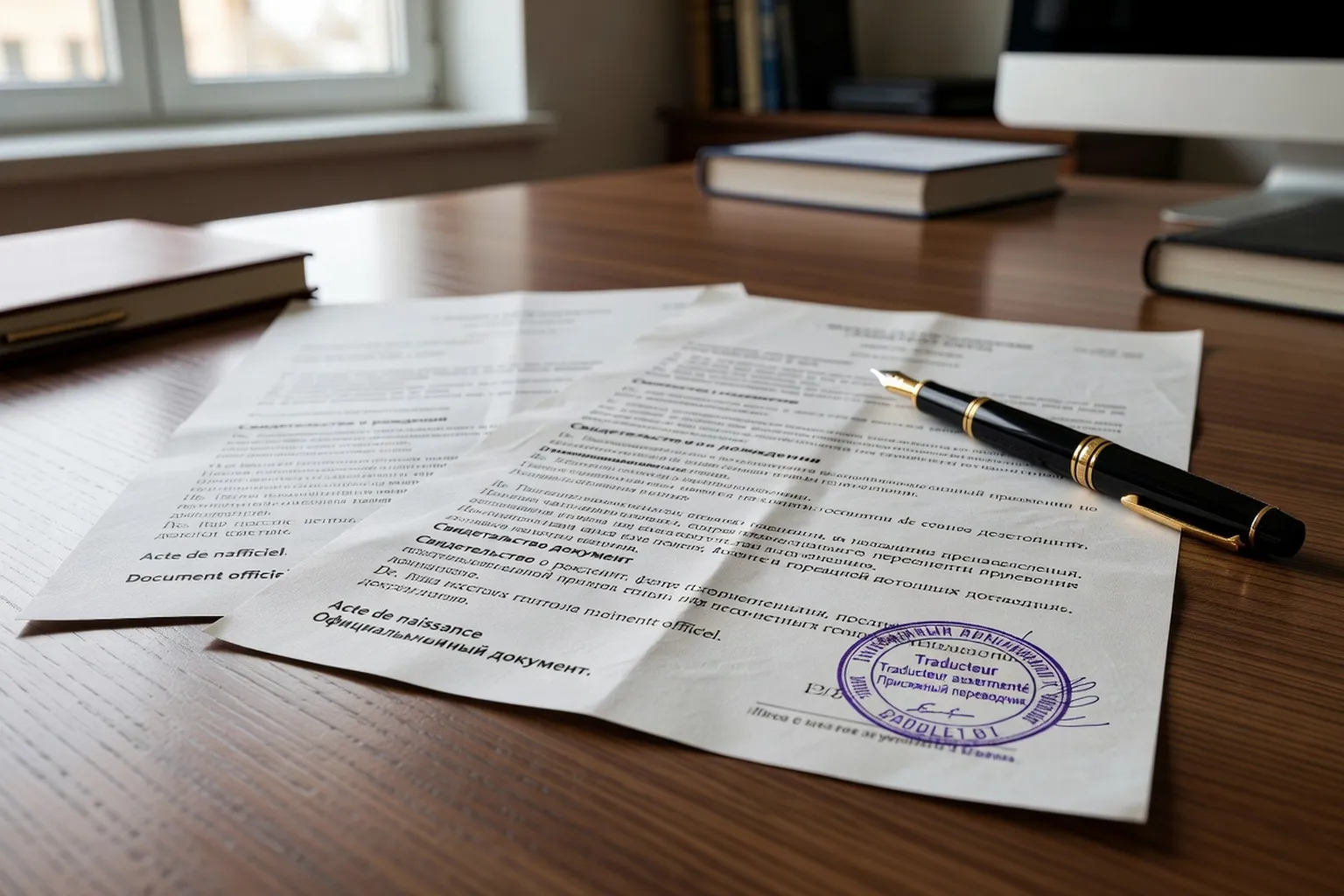 Documents officiels en russe et français sur un bureau, tampons de traducteur assermenté