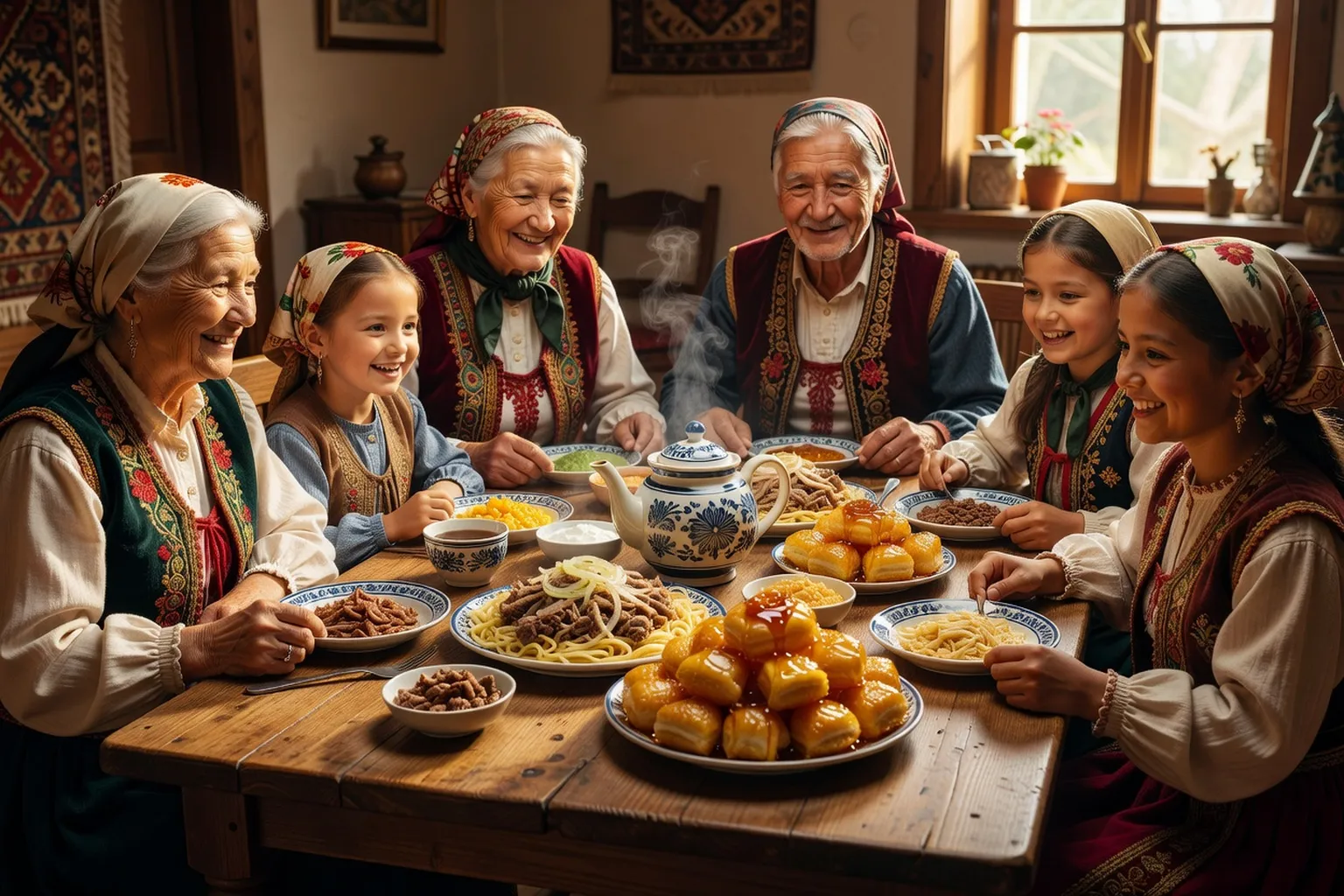 Famille tatare réunie autour d'un repas traditionnel, chak-chak et beshbarmak