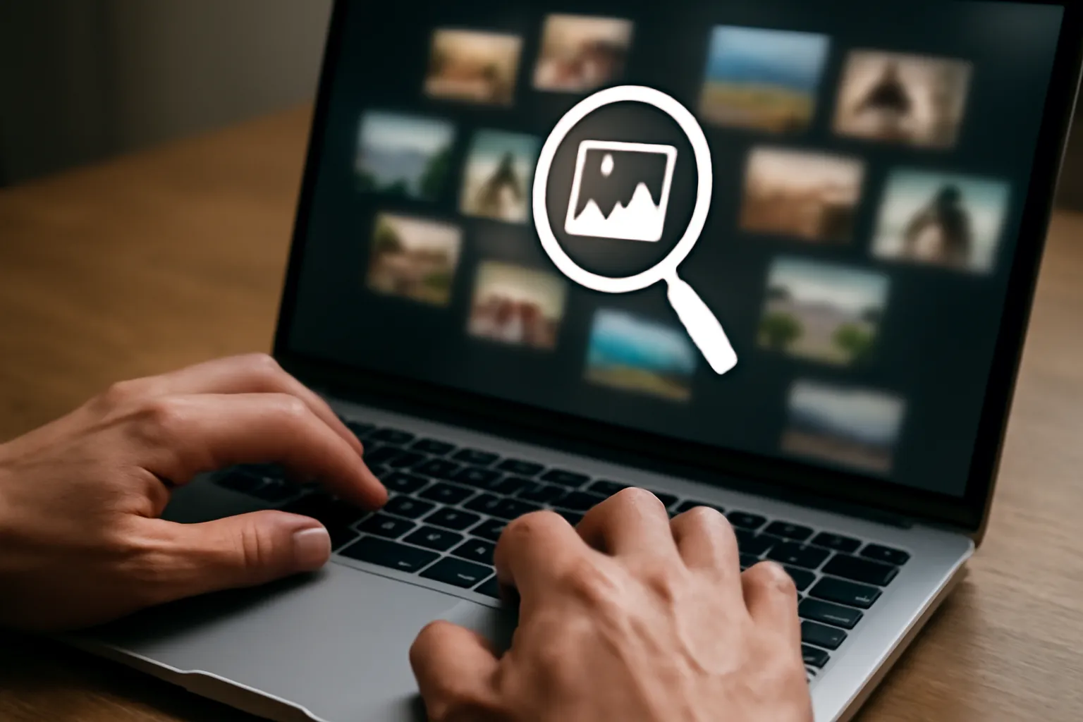 Mains utilisant le trackpad d’un ordinateur portable pour une recherche d’image inversée