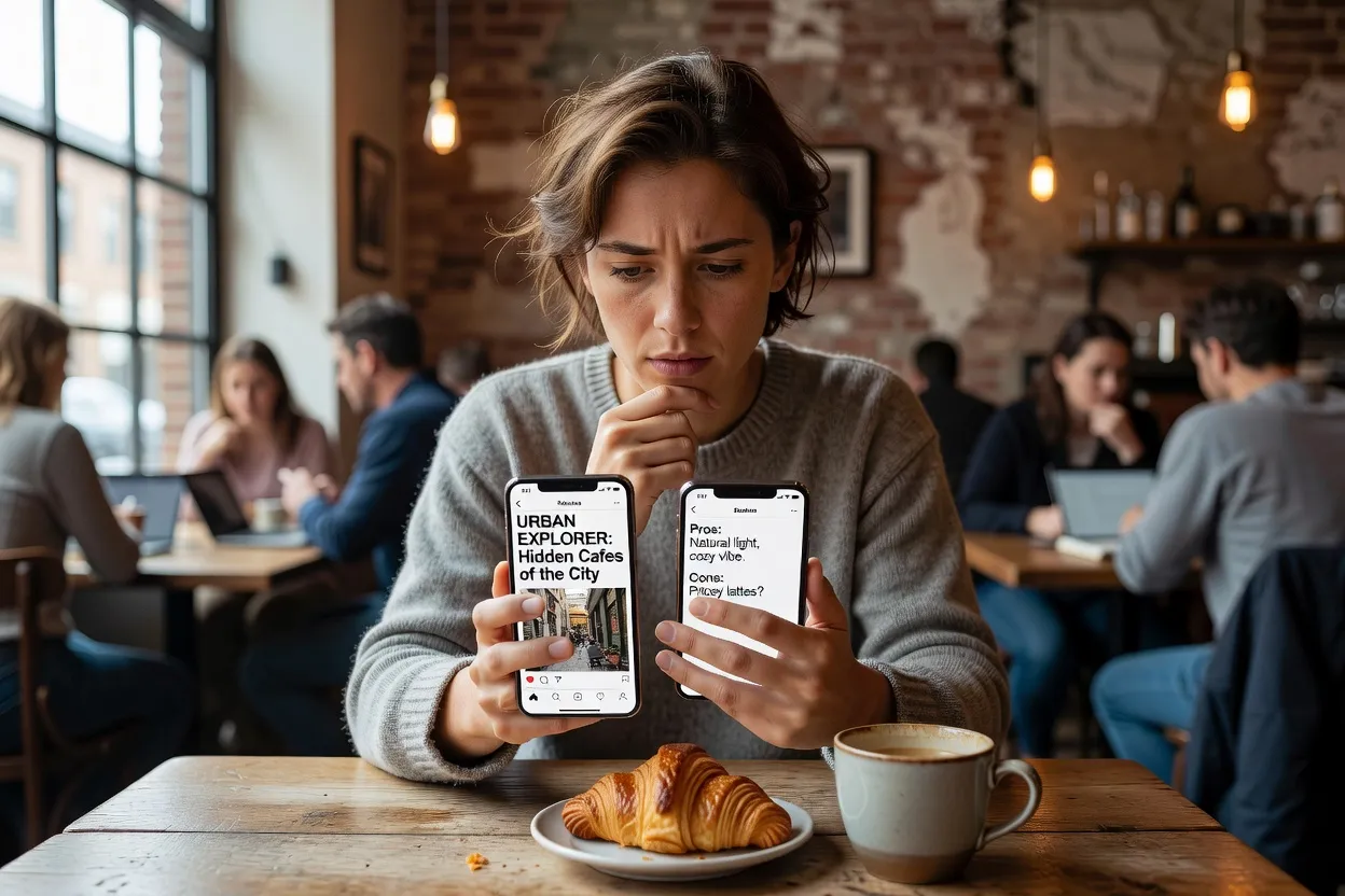 Personne comparant deux écrans de smartphone à une table de café