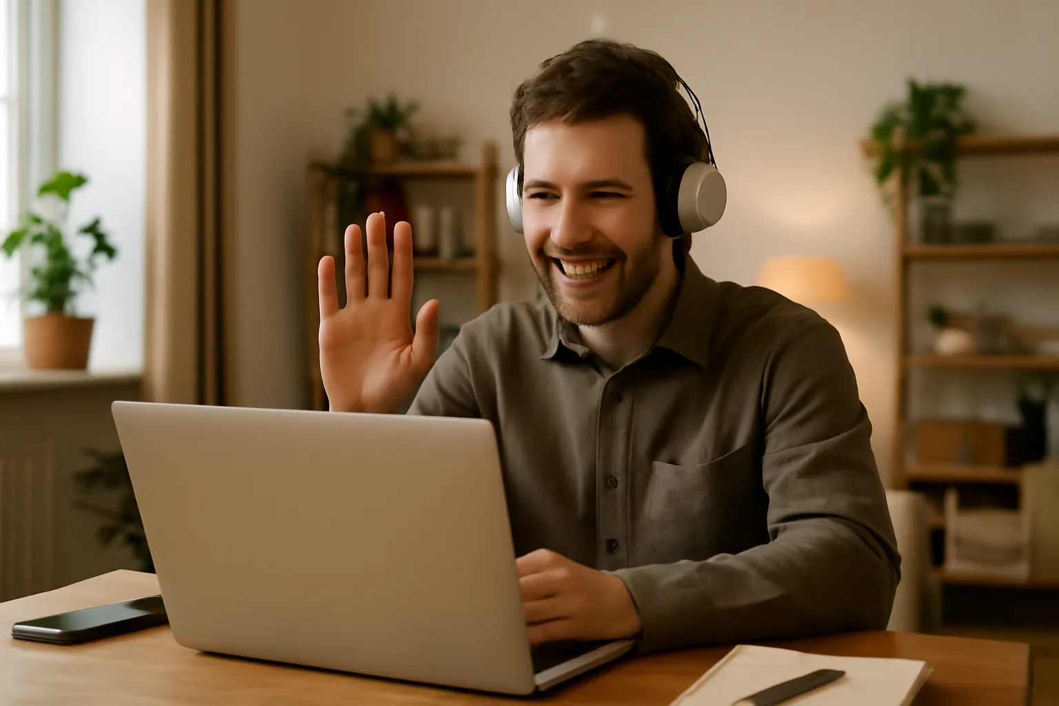 Personne souriante lors d’un appel vidéo depuis un bureau à domicile lumineux