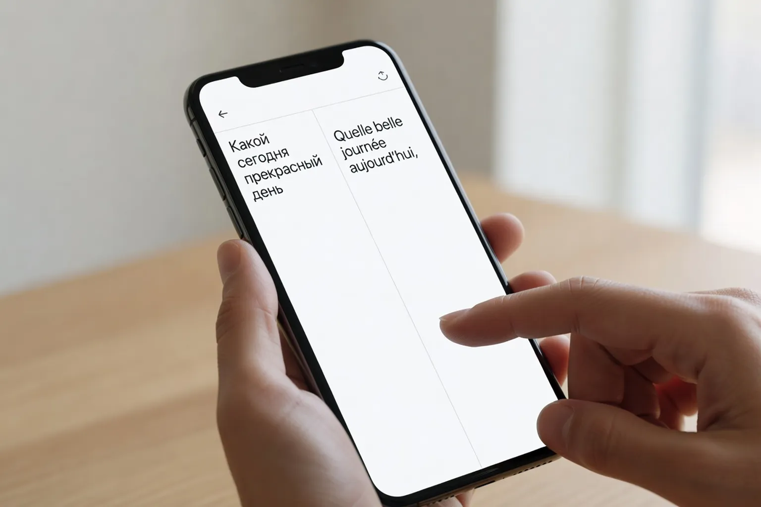 Application de traduction sur smartphone affichant texte russe et français côte à côte