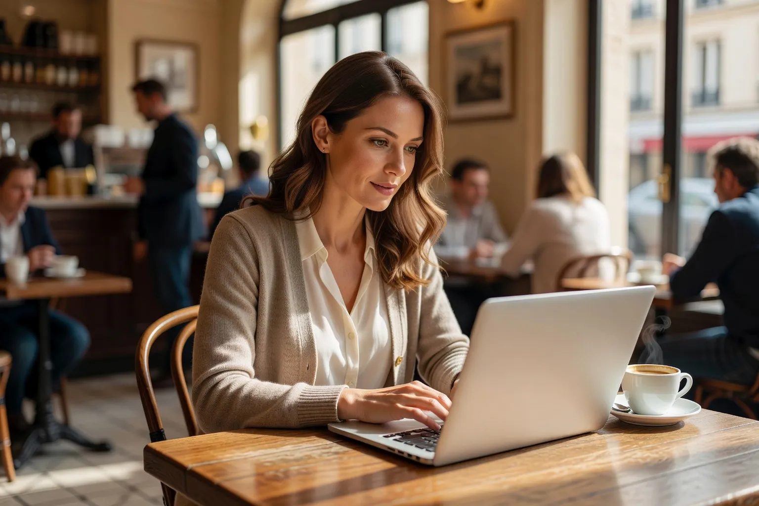 Femme russe francophone travaillant sur ordinateur dans un café parisien