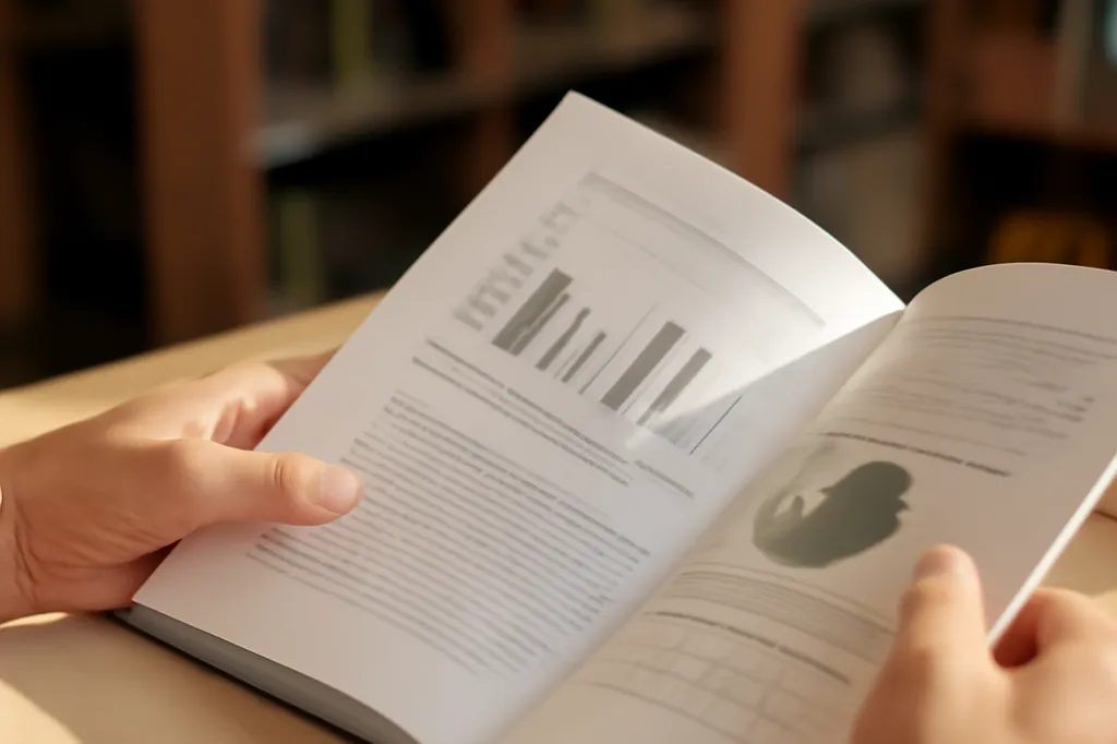 Mains feuilletant une étude académique avec graphiques et tableaux