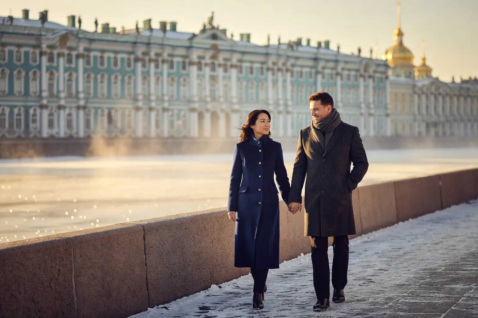 Couple international se promenant sur la Neva à Saint-Pétersbourg, palais d'hiver en arrière-plan