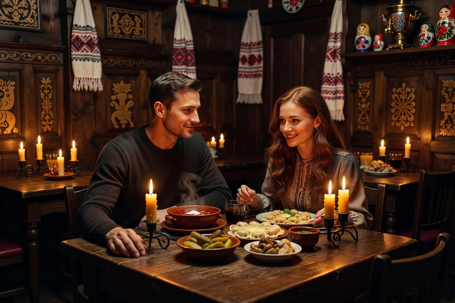 Restaurant traditionnel russe avec un couple franco-russe partageant un repas, ambiance chaleureuse