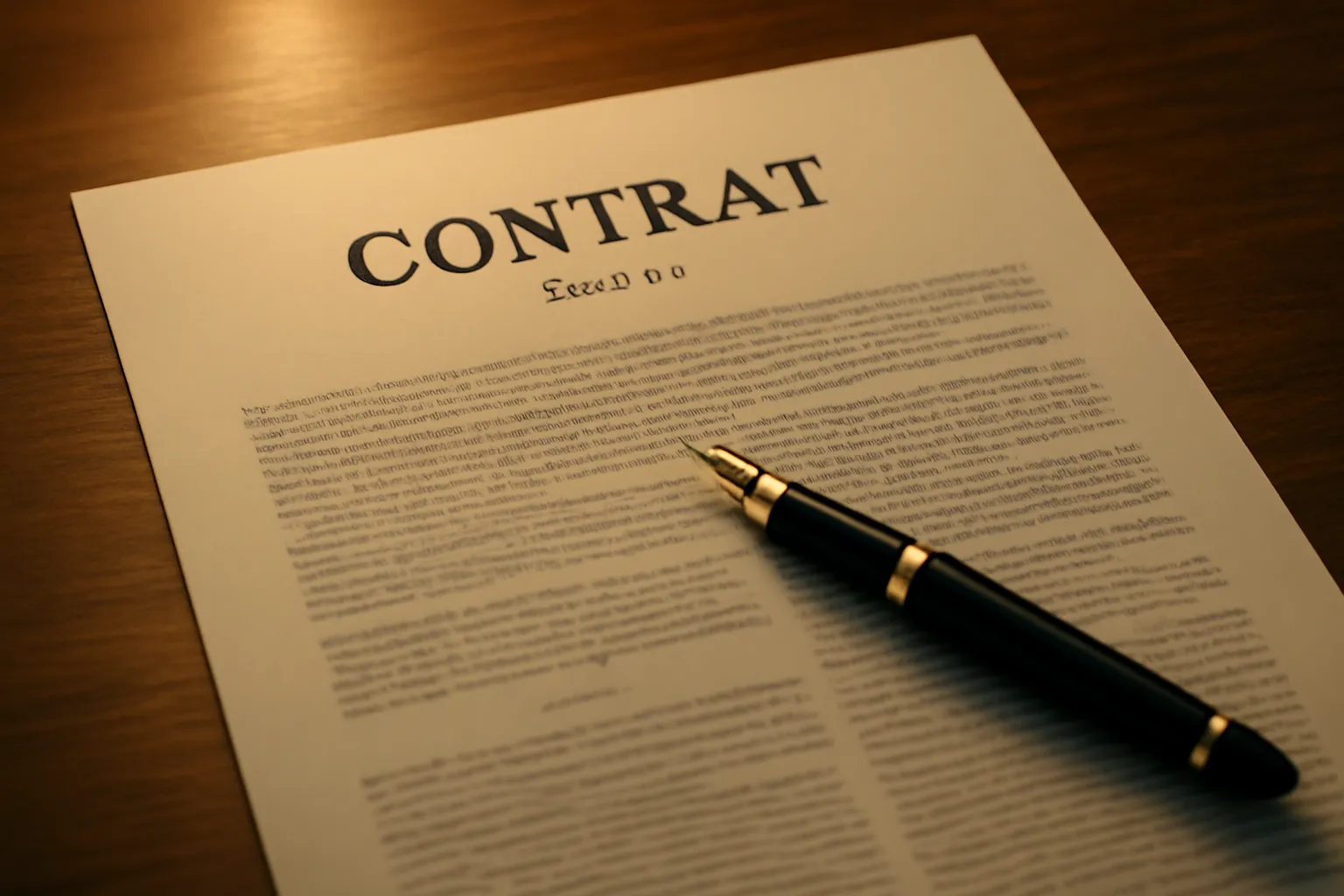 Document contractuel avec stylo plume sur un bureau