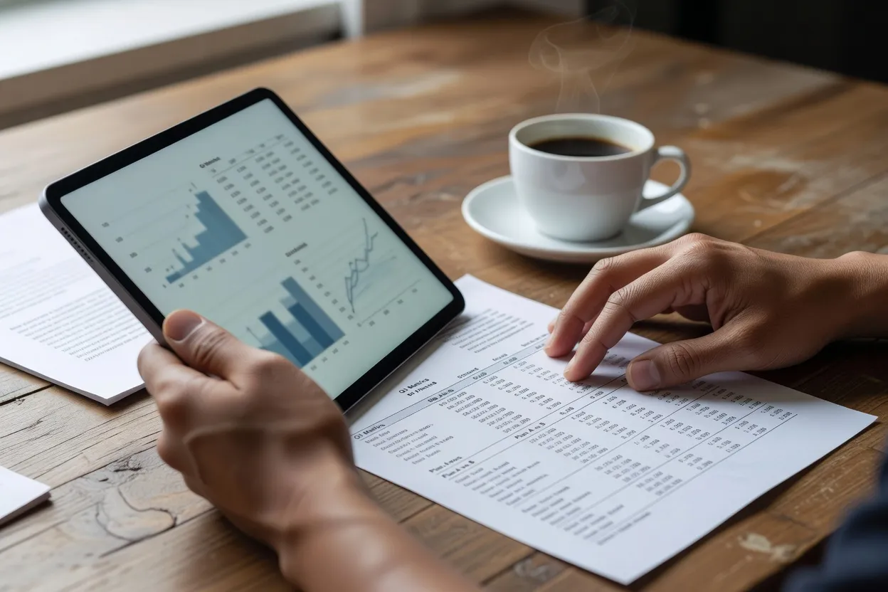 Mains comparant un tableau de prix sur tablette avec une tasse de café