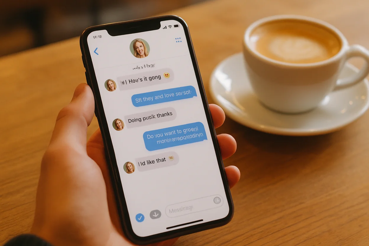 Écran de smartphone montrant une conversation de site de rencontre franco-russe