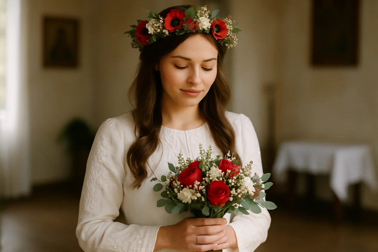 Mariée slave en robe blanche avec bouquet et couronne florale, cérémonie traditionnelle