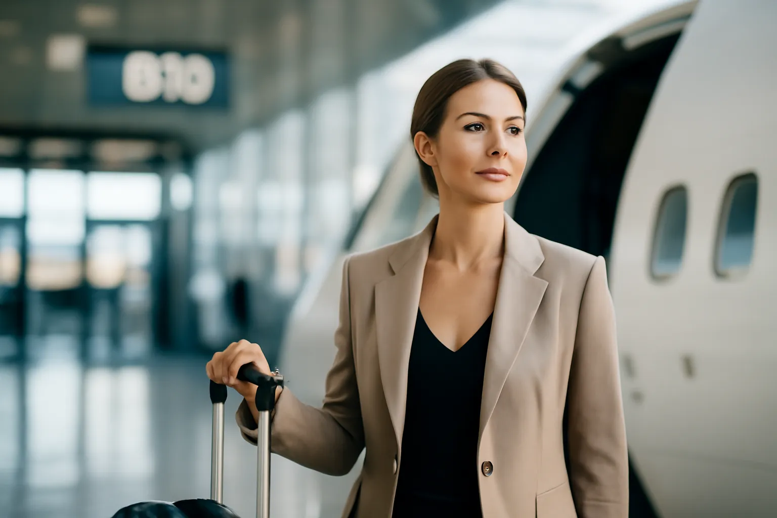 Voyageuse avec valise devant un avion à l’aéroport