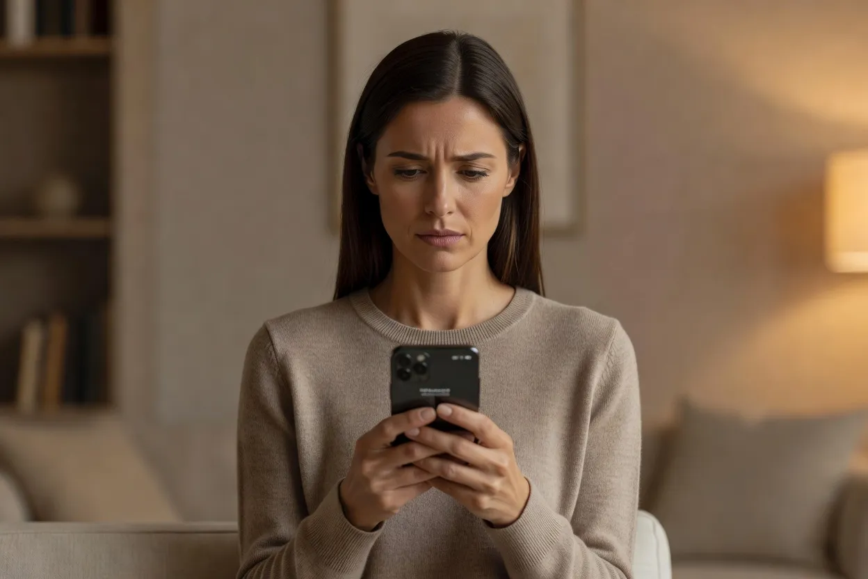Femme au visage préoccupé lisant un message sur son téléphone