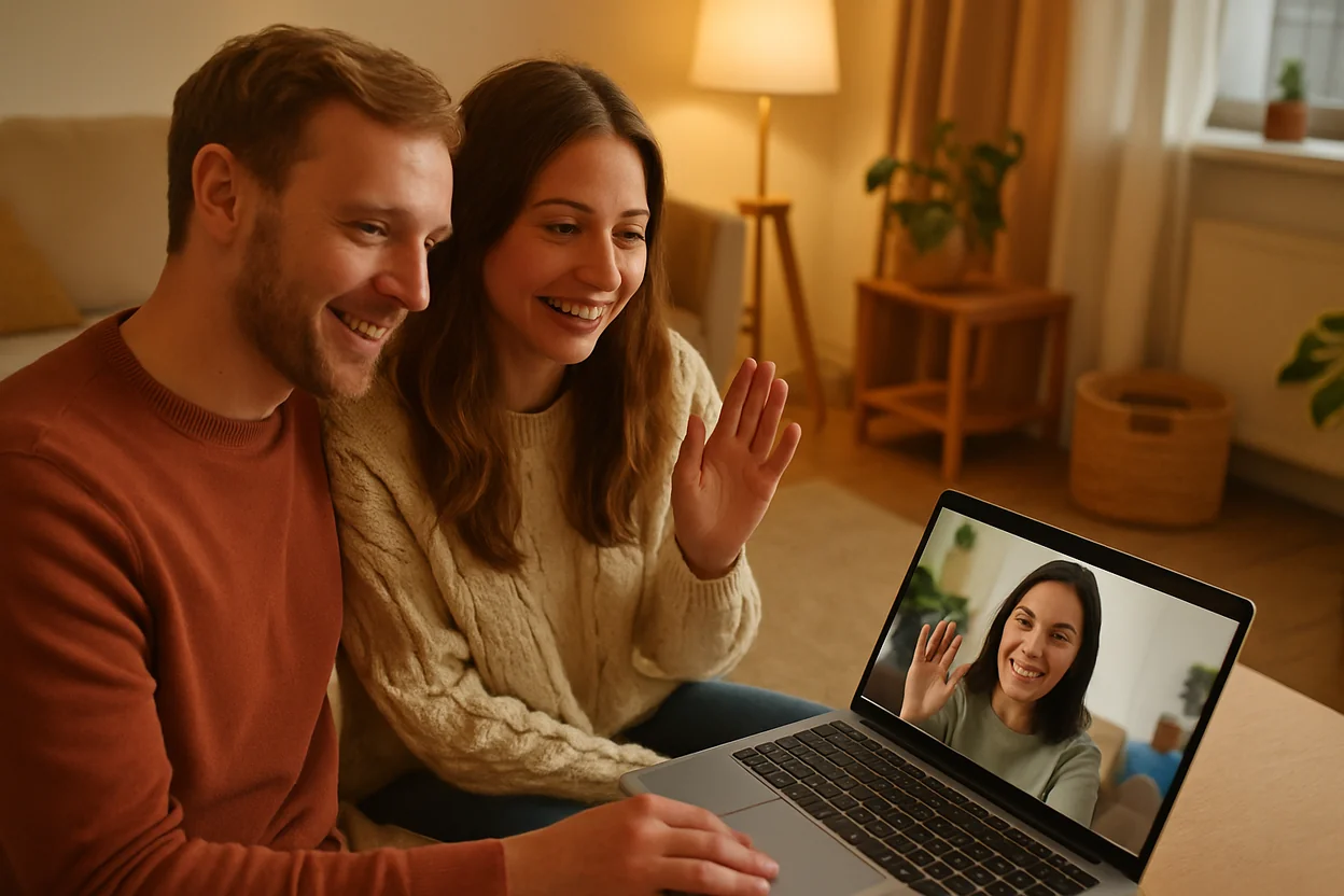 Homme et femme en visiophone sur ordinateur portable, première conversation en ligne