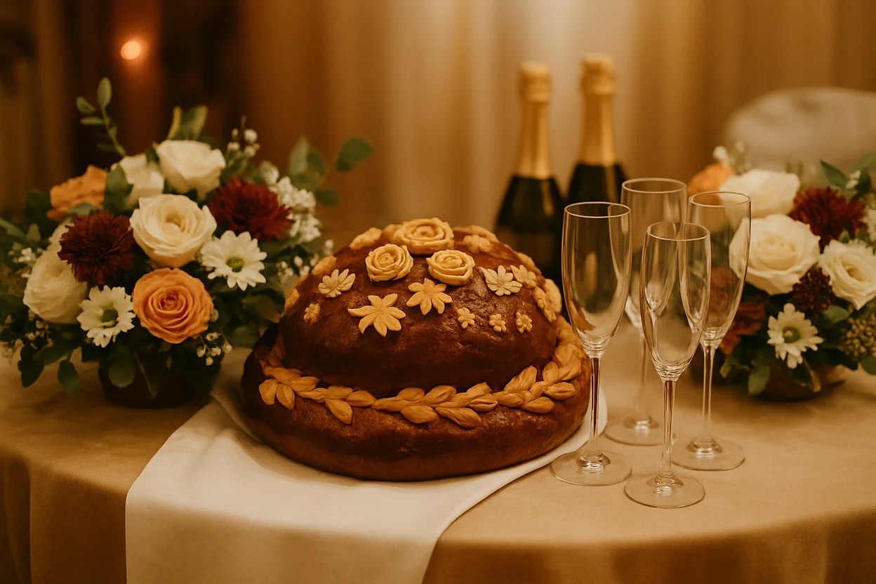 Table de banquet de mariage slave décorée avec korovai, fleurs et coupes de champagne