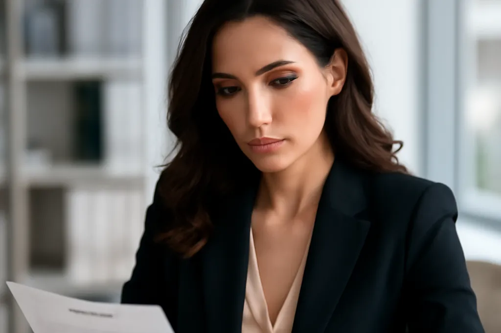 Femme lisant attentivement un contrat sur une table en bois avant de signer