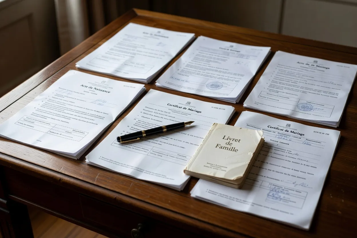 Documents administratifs officiels et livret de famille sur un bureau en bois