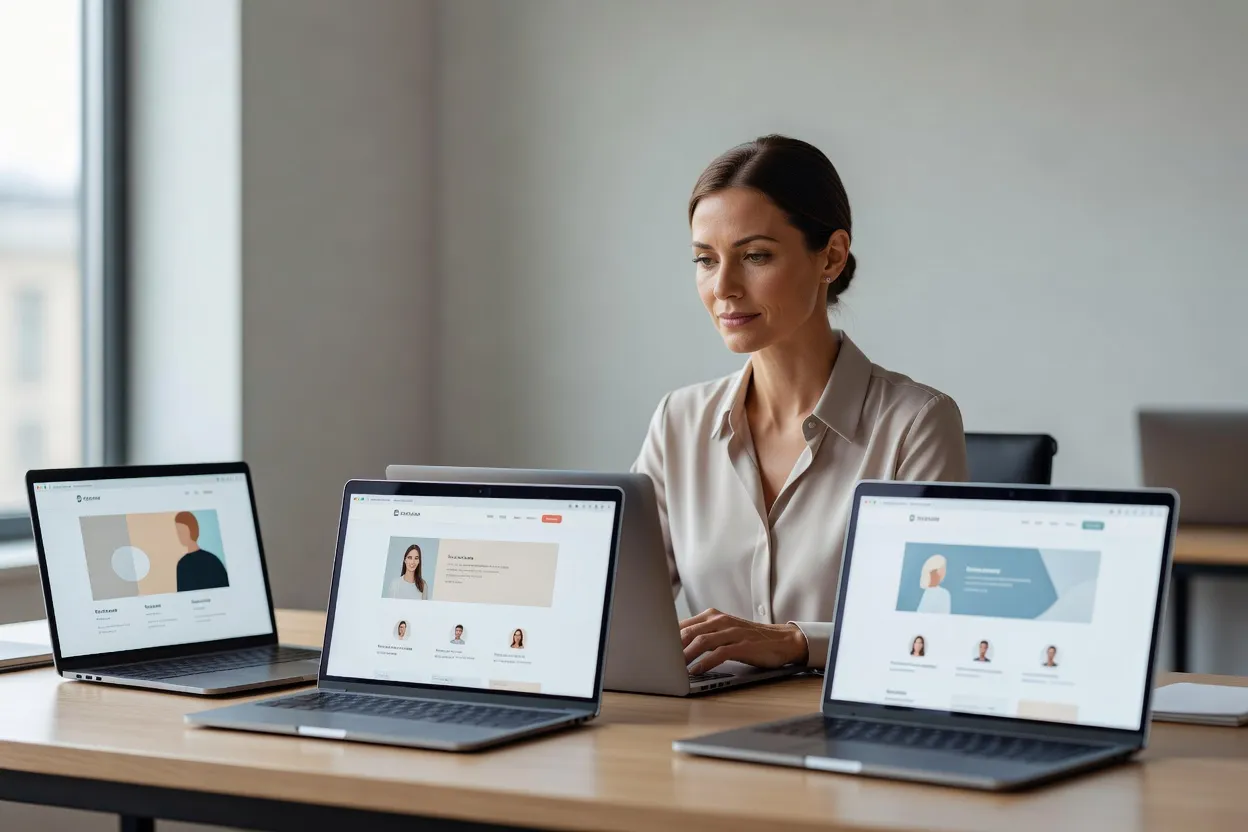 Femme comparant plusieurs écrans d'ordinateur affichant des sites de rencontre