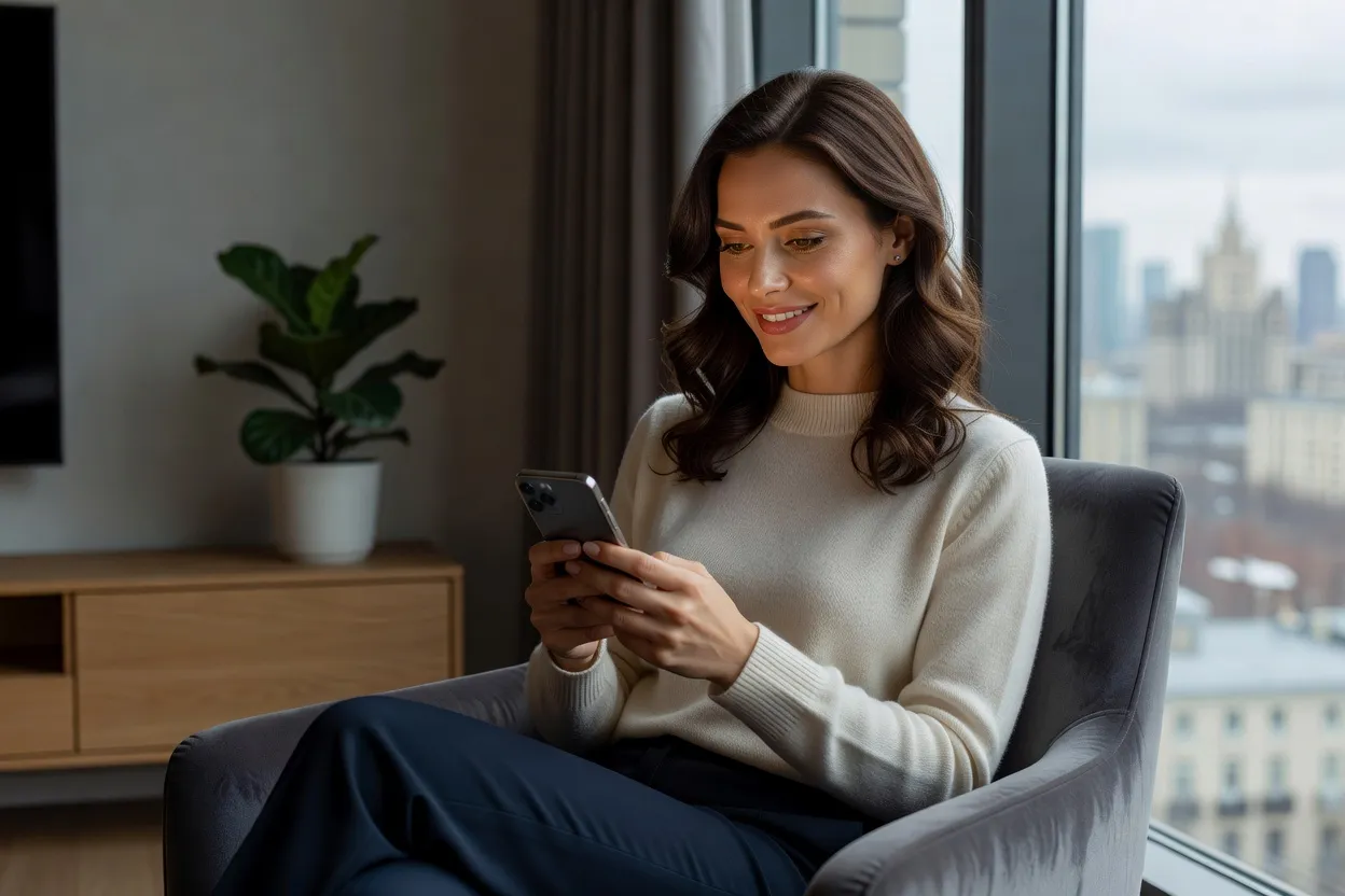 Femme russe souriante lisant un message sur son téléphone, recherche sérieuse d'un partenaire français