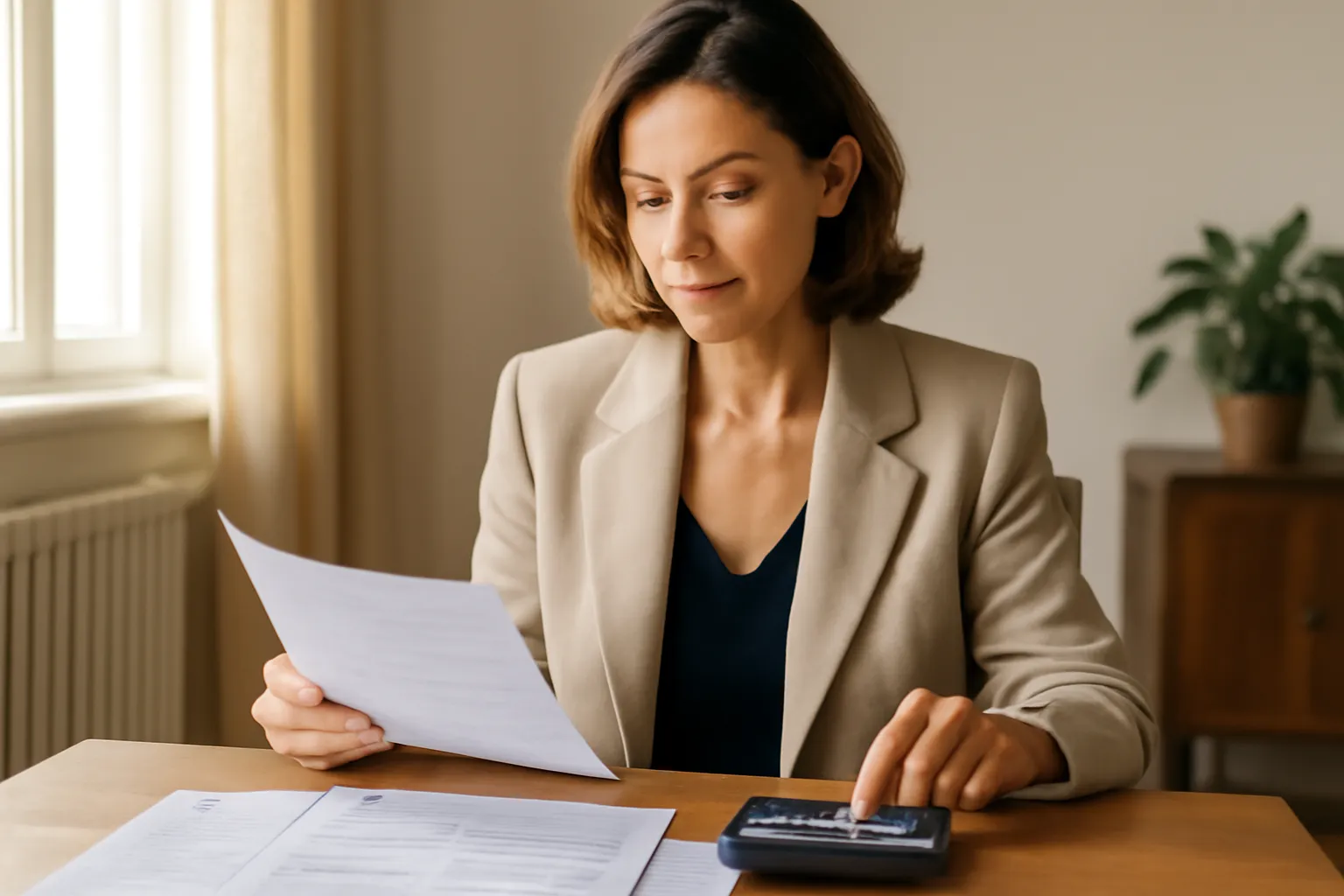 Femme consultant des documents fiscaux et une calculatrice à son bureau