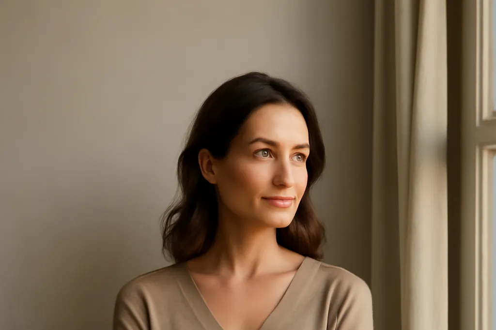 Femme pensive regardant par la fenêtre, lumière douce, ambiance introspective