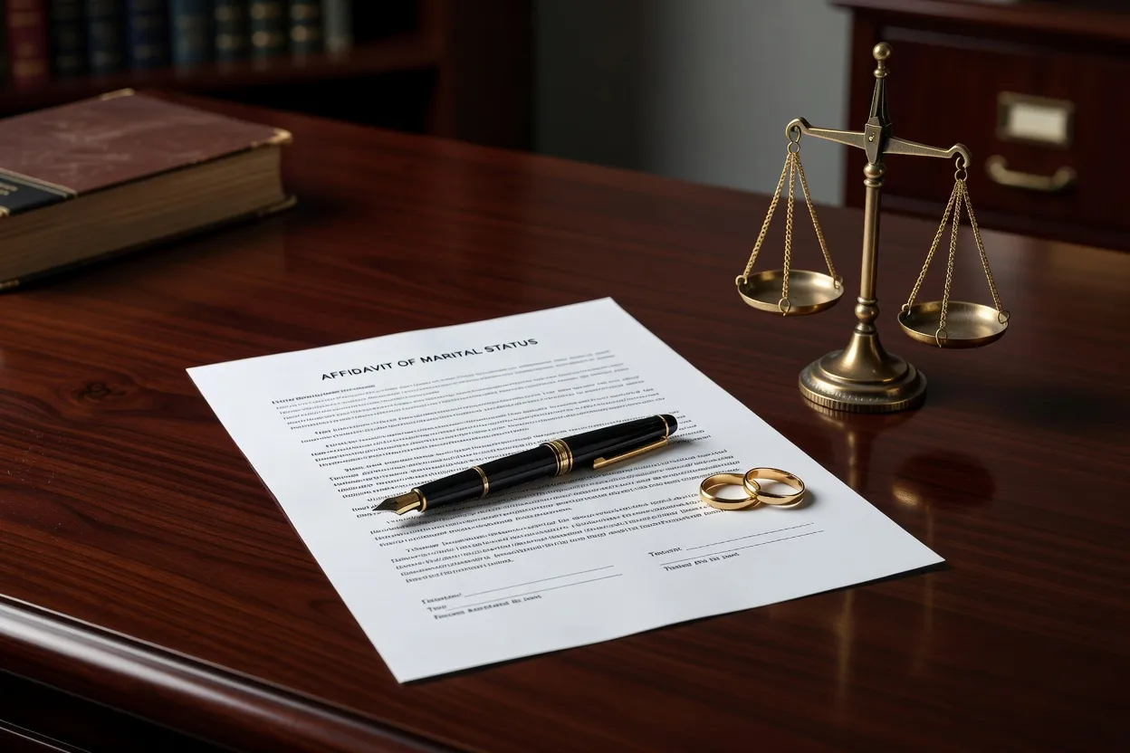 Bureau de notaire avec document légal, stylo et alliances posées sur le papier