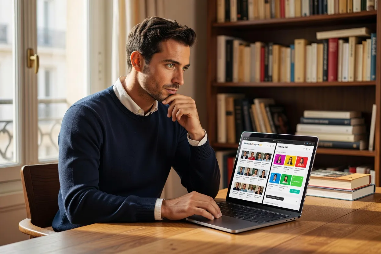Homme consultant un comparatif de sites de rencontre russes sur ordinateur portable