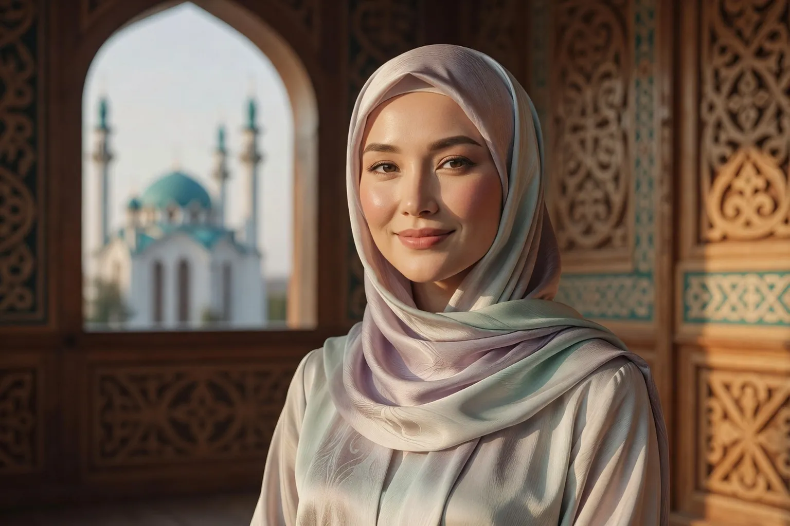 Femme russe musulmane d'origine tatare à Kazan, sourire posé et hijab pastel