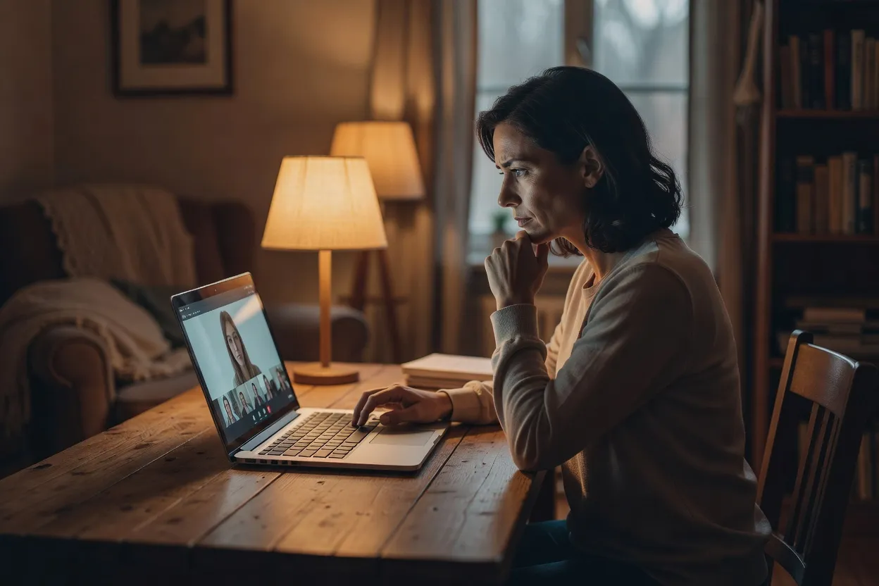 Personne utilisant un ordinateur portable le soir dans une ambiance calme et chaleureuse