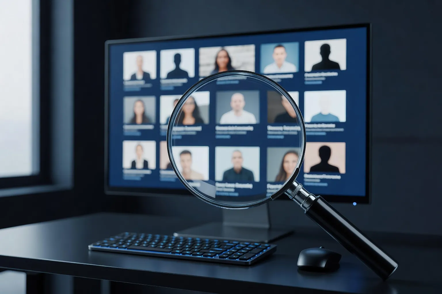 Loupe sur écran d'ordinateur affichant des profils de sites de rencontre russes