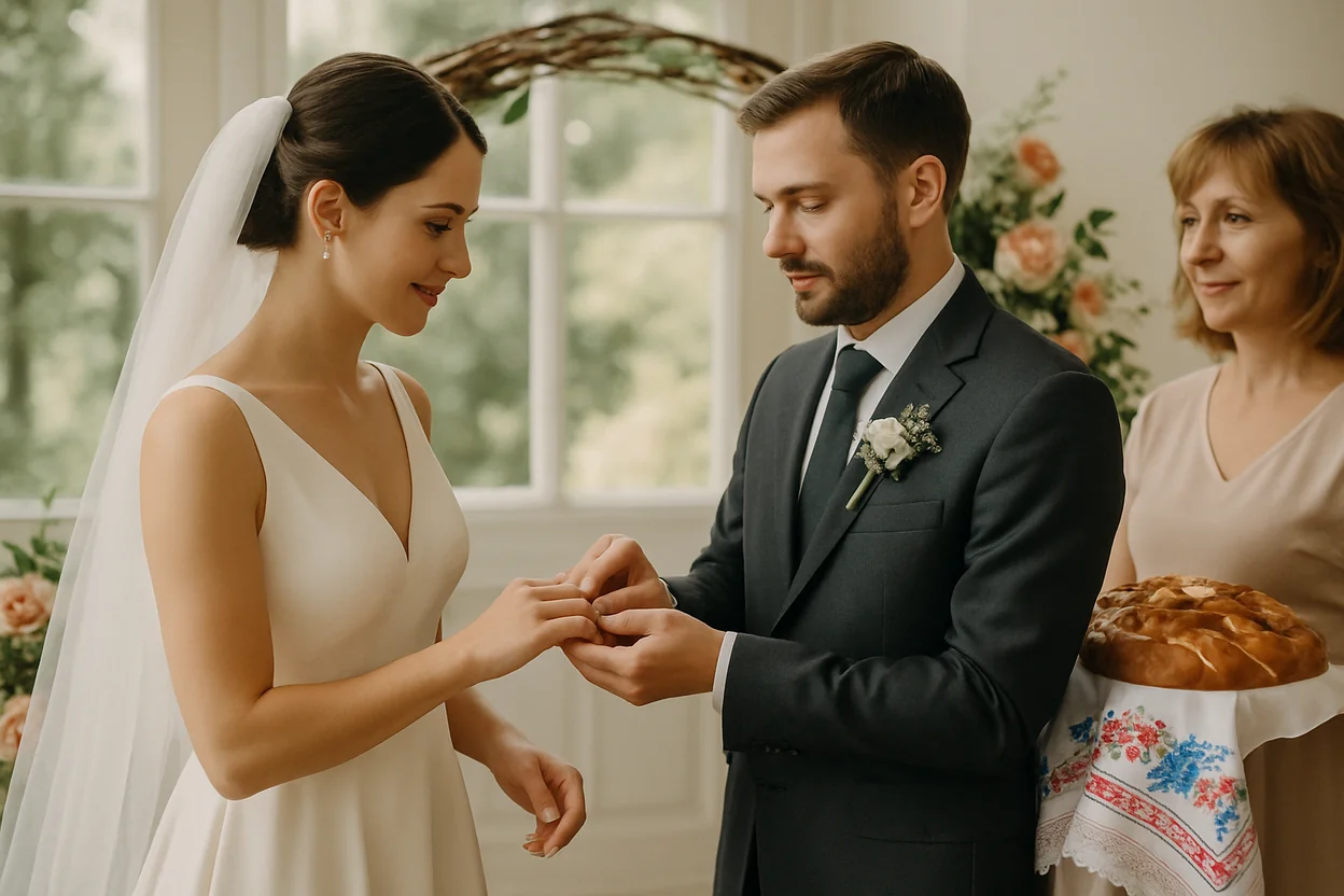 Couple franco-slave échangeant des alliances lors d'une cérémonie de mariage aux traditions russes et ukrainiennes