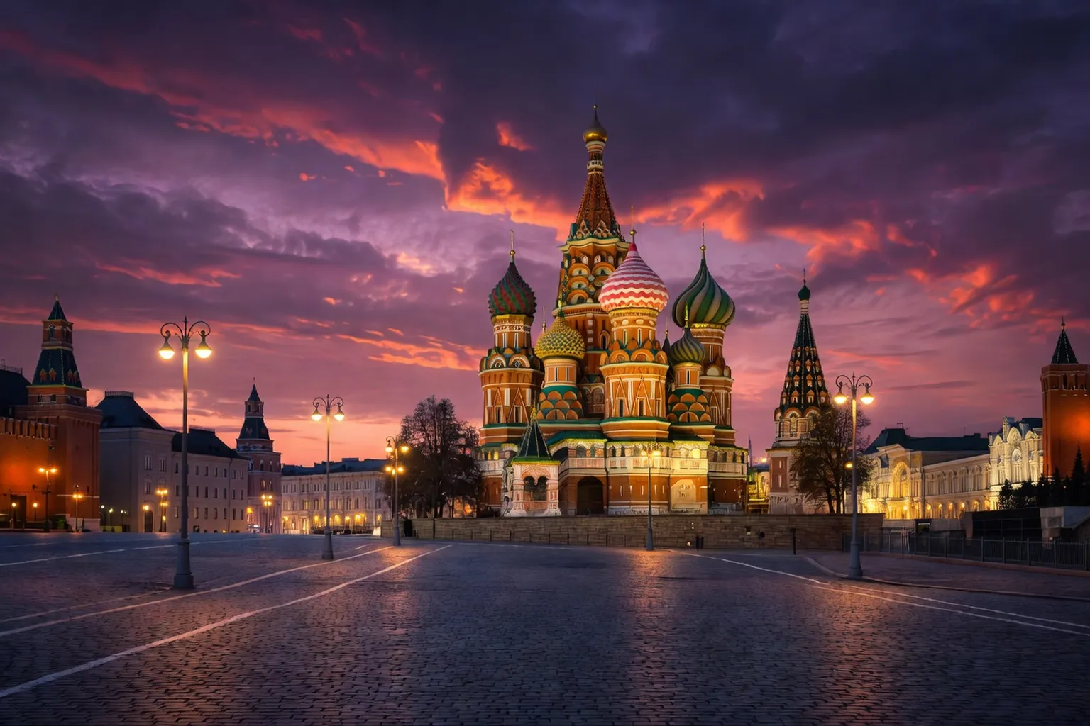 Place Rouge de Moscou au crépuscule, cathédrale Saint-Basile illuminée