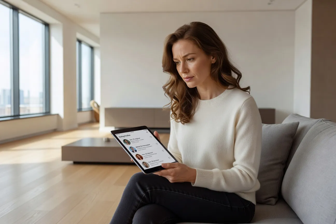 Femme russe regardant des profils de rencontre sur tablette, appartement moderne