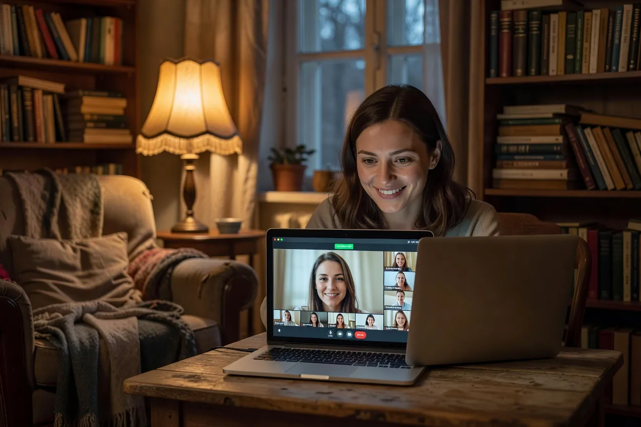Femme russe en appel vidéo avec son partenaire français depuis son appartement, connexion stable