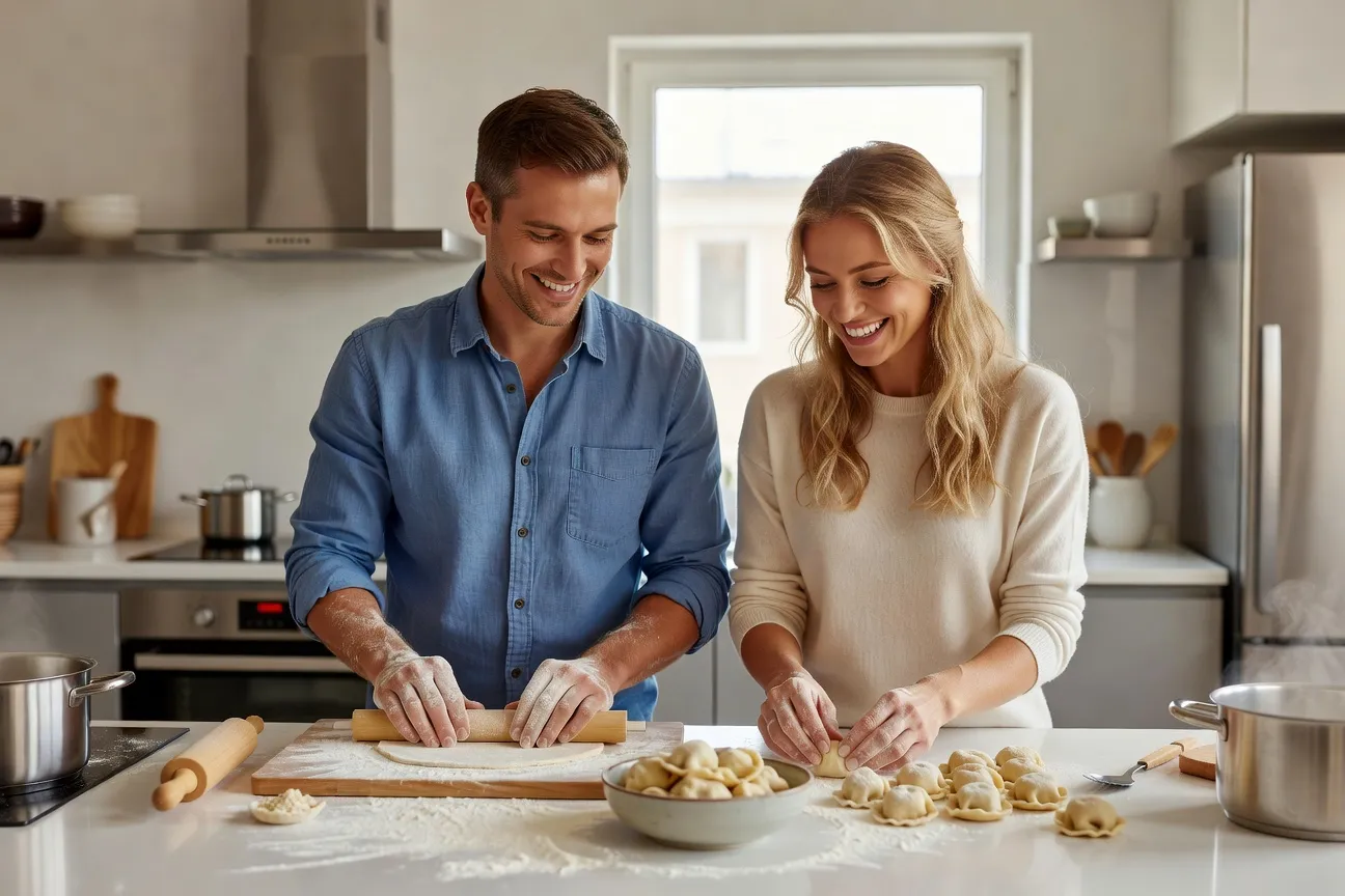 Couple franco-russe en train de préparer des pelmeni ensemble dans la cuisine