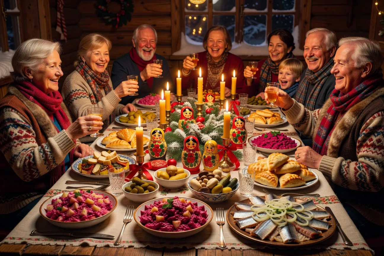 Table de fête russe avec zakouski pour Noël orthodoxe, ambiance chaleureuse