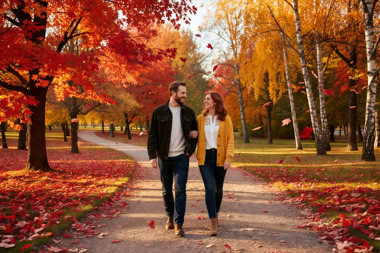 Couple franco-russe en balade dans un parc en automne, moment de complicité
