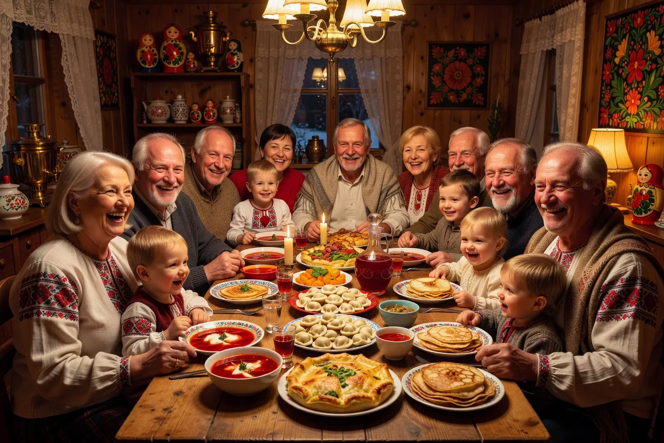 Famille russe élargie réunie pour un repas festif, plusieurs générations, chaleur familiale