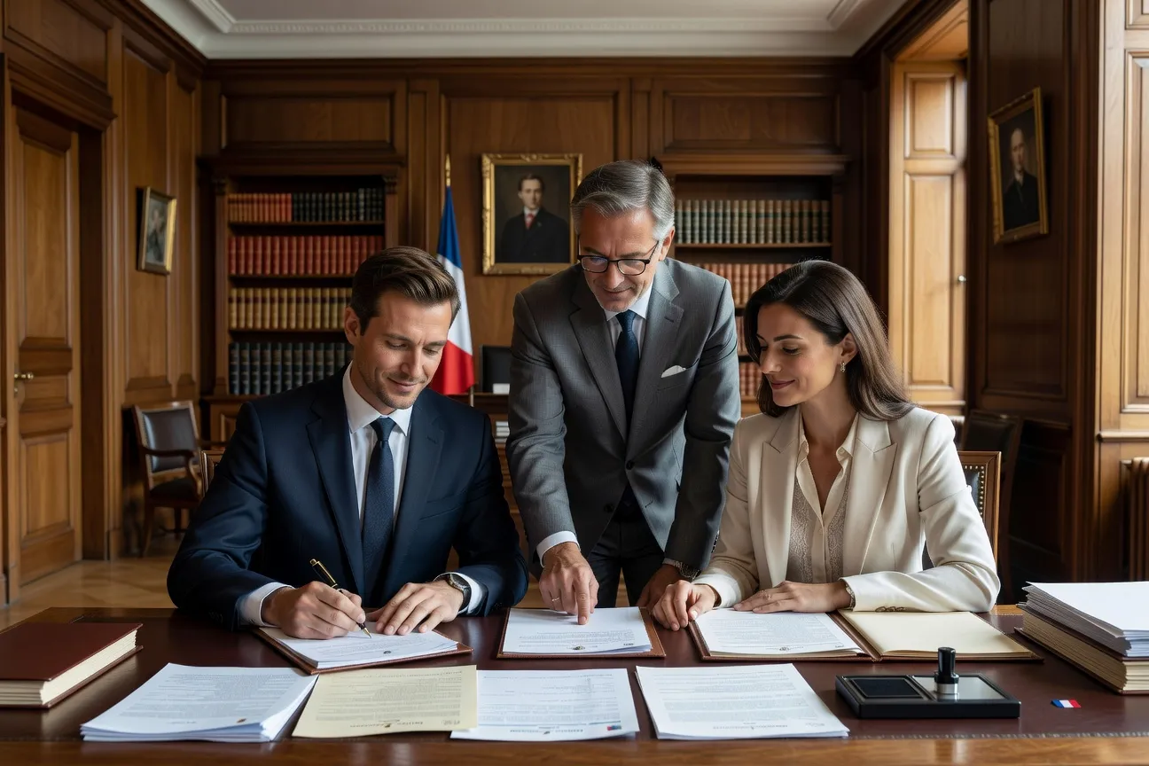 Couple franco-ukrainien signant des documents officiels, notaire en arrière-plan