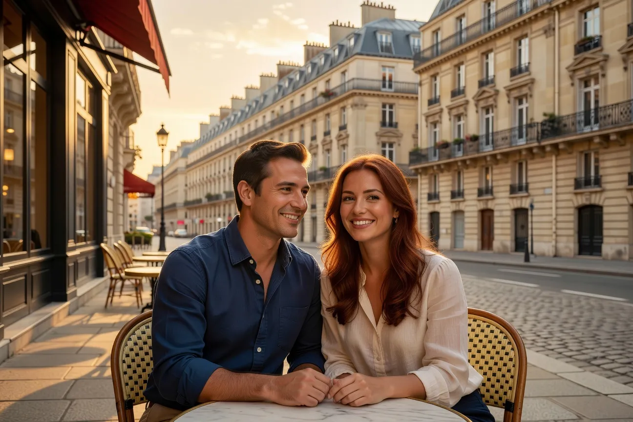 Couple franco-russe souriant dans un café parisien