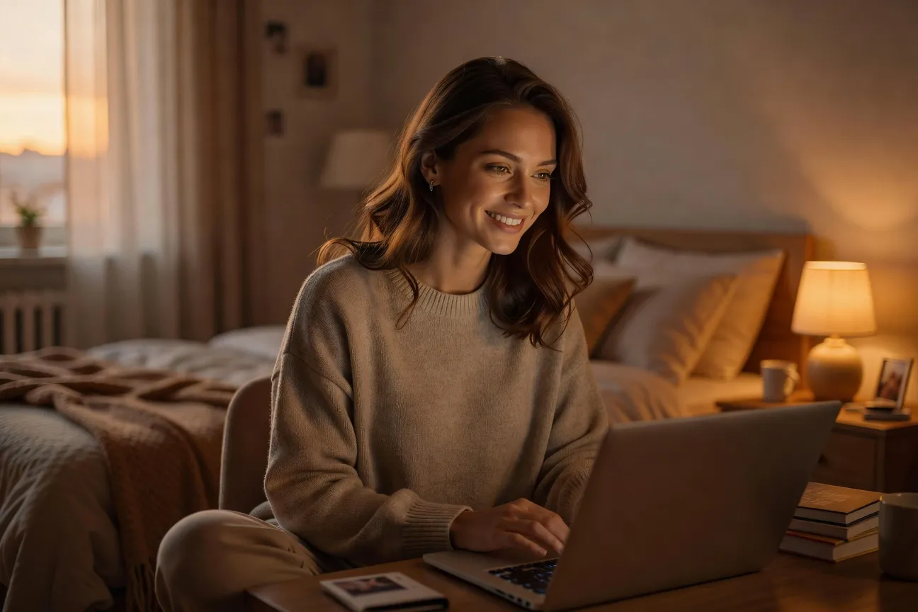 Femme russe en appel vidéo avec son partenaire français, chambre cosy, soir