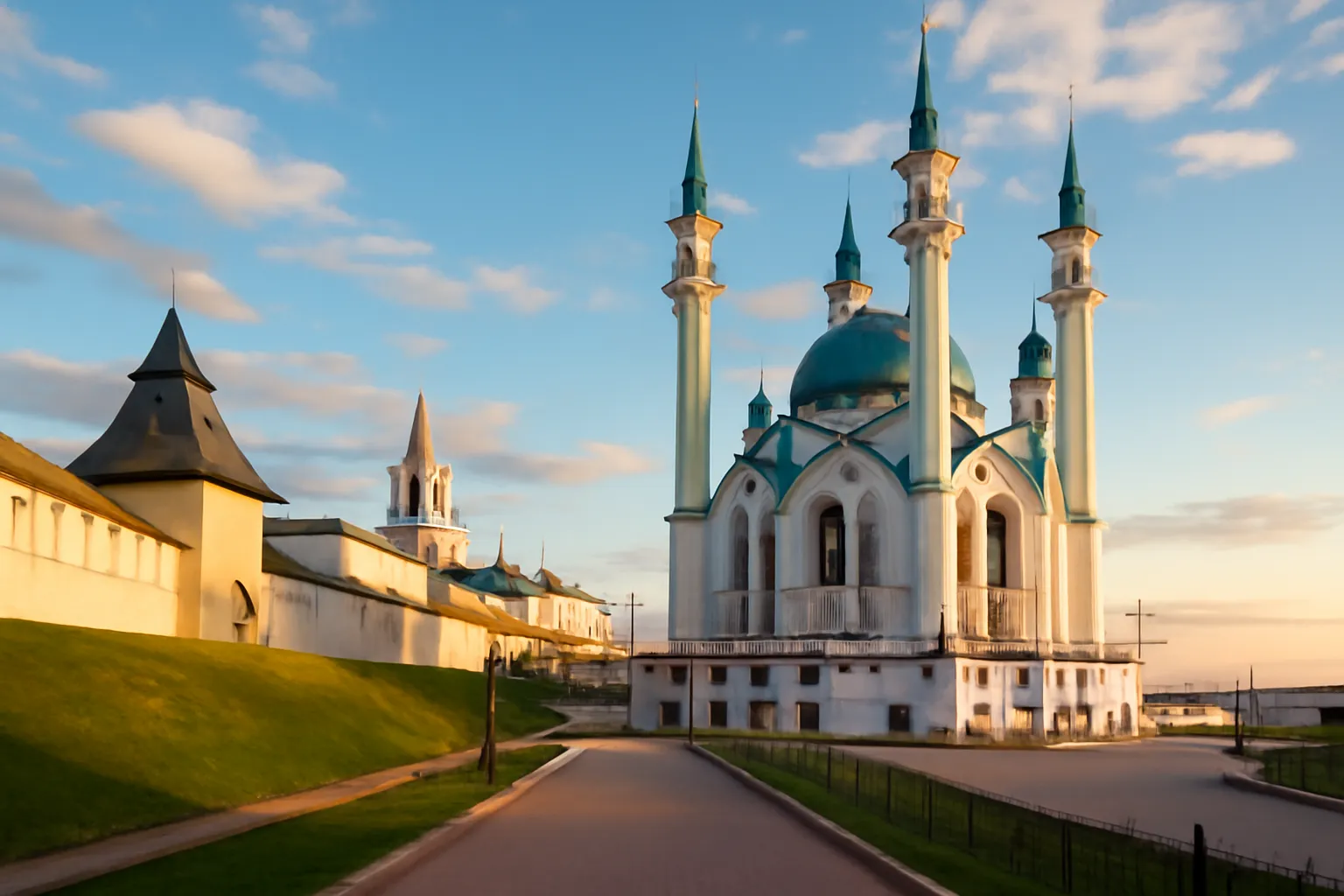 Vue panoramique de Kazan avec le Kremlin et la mosquee Kul Sharif