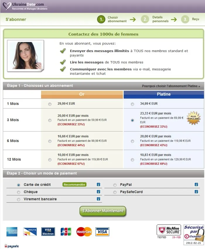 Grille tarifaire UkraineDate Gold et Platinum 2026